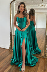 Green A-Line Strapless Zipper Back Long Satin Prom Dress With Split